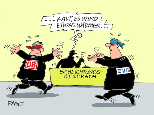 Cartoon: Blinde Kuh (medium) by RABE tagged gewerkschaften,tarife,tarifverhandlungen,streik,gew,verdi,rabe,ralf,böhme,cartoon,karikatur,pressezeichnung,farbcartoon,tagescartoon,schleifstein,messer,gewerkschaftsmitglieder,bahn,db,bahnkunden,evg,schlichter,schlichtergespräch,schlichterverhandlung,einigung,streikwelle,eisenbahn,gewerkschaften,tarife,tarifverhandlungen,streik,gew,verdi,rabe,ralf,böhme,cartoon,karikatur,pressezeichnung,farbcartoon,tagescartoon,schleifstein,messer,gewerkschaftsmitglieder,bahn,db,bahnkunden,evg,schlichter,schlichtergespräch,schlichterverhandlung,einigung,streikwelle,eisenbahn