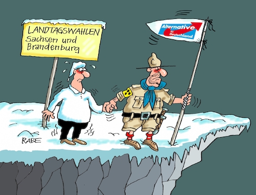 Cartoon: Blinder Pfadfinder (medium) by RABE tagged landtagswahlen,sachsen,brandenburg,thüringen,kretzschmer,ramelow,ministerpräsidenten,pfad,pfadfinder,michel,wähler,rabe,ralf,böhme,cartoon,karikatur,pressezeichnung,farbcartoon,tagescartoon,abgrund,eis,winterlandscafht,linke,grüne,rechte,afd,cdu,spd,fdp,landtagswahlen,sachsen,brandenburg,thüringen,kretzschmer,ramelow,ministerpräsidenten,pfad,pfadfinder,michel,wähler,rabe,ralf,böhme,cartoon,karikatur,pressezeichnung,farbcartoon,tagescartoon,abgrund,eis,winterlandscafht,linke,grüne,rechte,afd,cdu,spd,fdp