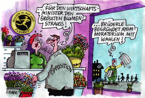 Cartoon: Blumengrüße (medium) by RABE tagged wirtschaftsminister,brüderle,fdp,cdu,csu,merkel,kanzlerin,bundesregierung,euro,krise,wirtschaftsbosse,industrielle,opposition,spd,linke,grüne,koalition,wahlen,landtagswahl,rheinland,beck,mappus,stuttgart,21,laufzeit,laufzeitverkürzung,abschalten,kernenergie,plutonium,sicherheit,atomlobby,atomkraftwerke,atommeiler,brennstäbe,brennelemente,sicherheitsrisiko,geigerzähler,blumenladen,blumenboutique,schnittblumen,grünpflanzen,zimmerpflanzen,fleurop,blumenversandhandel,kassiererin,verkäuferin,mann,frau,kaktus,tulpen,rosen,nelken,astern,flieder,eimer,übertopf,pflanzgefäß,zeitungsverkäufer,zeitungskiosk,tageszeitung,presse,schlagzeile,leute,straßenverkauf,wirtschaftsminister,brüderle,fdp,cdu,csu,merkel,kanzlerin,bundesregierung,euro,wirtschaftsbosse,industrielle,krise,wahlen,landtagswahl