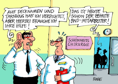 Cartoon: BND Tarnung (medium) by RABE tagged bnd,nsa,spionage,tarnung,enttarnung,geheimdienste,abhörskandal,wanzen,lauschangriff,ohren,rabe,ralf,böhme,cartoon,karikatur,pressezeichnung,farbcartoon,tagescartoon,chirurgie,schönheitschirurgie,kosmetik,operation,lifting,botox,silikon,bnd,nsa,spionage,tarnung,enttarnung,geheimdienste,abhörskandal,wanzen,lauschangriff,ohren,rabe,ralf,böhme,cartoon,karikatur,pressezeichnung,farbcartoon,tagescartoon,chirurgie,schönheitschirurgie,kosmetik,operation,lifting,botox,silikon