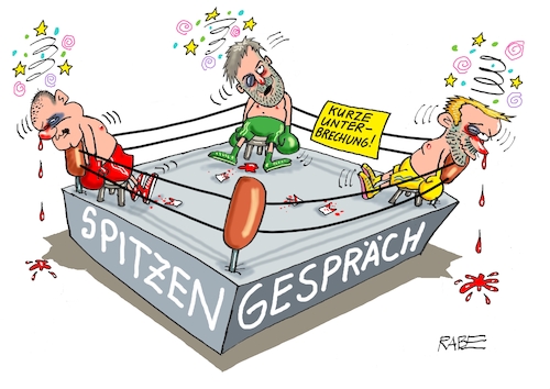 Cartoon: Boxenstopp (medium) by RABE tagged olaf,scholz,bundeskanzler,ankündigung,zeitenwende,ergebnisse,opposition,union,rabe,ralf,böhme,cartoon,karikatur,pressezeichnung,farbcartoon,tagescartoon,kluft,spalt,brücke,ampel,ampelregierung,abgrund,spitzengespräch,ampelkoalition,boxer,boxring,boxhandschuhe,lindner,habeck,zähne,veilchen,blut,unterbrechung,pause,seile,olaf,scholz,bundeskanzler,ankündigung,zeitenwende,ergebnisse,opposition,union,rabe,ralf,böhme,cartoon,karikatur,pressezeichnung,farbcartoon,tagescartoon,kluft,spalt,brücke,ampel,ampelregierung,abgrund,spitzengespräch,ampelkoalition,boxer,boxring,boxhandschuhe,lindner,habeck,zähne,veilchen,blut,unterbrechung,pause,seile