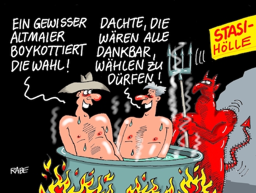 Cartoon: Boykott (medium) by RABE tagged altmaier,kanzleramt,cdu,union,kanzleramtschef,wahlverweigerer,afd,merkel,kanzlerin,rabe,ralf,böhme,cartoon,karikatur,pressezeichnung,farbcarton,tagescartoon,hölle,teufel,stasi,stasihölle,ddr,sed,parteitag,regime,altmaier,kanzleramt,cdu,union,kanzleramtschef,wahlverweigerer,afd,merkel,kanzlerin,rabe,ralf,böhme,cartoon,karikatur,pressezeichnung,farbcarton,tagescartoon,hölle,teufel,stasi,stasihölle,ddr,sed,parteitag,regime