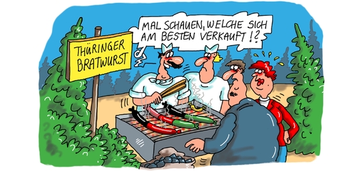 Cartoon: Bratwurstland (medium) by RABE tagged landtagswahl,thüringen,brandenburg,ministerpräsident,ramelow,linke,lieberknecht,cdu,rot,rotrotgrün,afd,grüne,spd,rabe,ralf,böhme,cartoon,karikatur,pressezeichnung,farbartoon,tagescartoon,wähler,wahlsonntag,stimmzettelbratwurst,rost,holzkohle,holzkohlegrill,bratwurststand,landtagswahl,thüringen,brandenburg,ministerpräsident,ramelow,linke,lieberknecht,cdu,rot,rotrotgrün,afd,grüne,spd,rabe,ralf,böhme,cartoon,karikatur,pressezeichnung,farbartoon,tagescartoon,wähler,wahlsonntag,stimmzettelbratwurst,rost,holzkohle,holzkohlegrill,bratwurststand