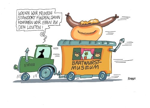 Cartoon: Bratwurstmuseum (medium) by RABE tagged bratwurst,roster,thüringen,mühlhausen,umzug,standort,bratwurstmuseum,senf,brötchen,wagonzirkuswagen,besucher,rabe,cartoon,karikatur,tagescartoon,bratwurst,roster,thüringen,mühlhausen,umzug,standort,bratwurstmuseum,senf,brötchen,wagonzirkuswagen,besucher,rabe,cartoon,karikatur,tagescartoon