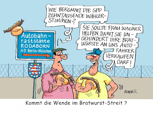 Cartoon: Bratwurststreit Rodaborn (medium) by RABE tagged martin,schulz,spd,wahlkampf,bundestagswahl,beamte,rentenkasse,rabe,ralf,böhme,cartoon,karikatur,pressezeichnung,farbcartoon,tagescartoon,wählerstimmen,zehntausende,wählergunst,bratwürste,autobahn,autofahrer,autobahnraststätte,rodaborn,wagner,zaun,bratwurstverkauf,wende,justiz,gerichtsbeschluß,schließung,zwangsgeld,petition,merkelthüringen,behörde,martin,schulz,spd,wahlkampf,bundestagswahl,beamte,rentenkasse,rabe,ralf,böhme,cartoon,karikatur,pressezeichnung,farbcartoon,tagescartoon,wählerstimmen,zehntausende,wählergunst,bratwürste,autobahn,autofahrer,autobahnraststätte,rodaborn,wagner,zaun,bratwurstverkauf,wende,justiz,gerichtsbeschluß,schließung,zwangsgeld,petition,merkelthüringen,behörde