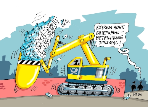 Cartoon: Briefwahl (medium) by RABE tagged bundestag,bundestagssitzung,bundestagswahl,schlagabtausch,lammert,merkel,gabril,rabe,ralf,böhme,cartoon,karikatur,pressezeichnung,farbcartoon,tagescartoon,spitzenkandidat,briefwahl,umfragewerte,bagger,post,zusteller,kuvert,wählerstimmen,bundestag,bundestagssitzung,bundestagswahl,schlagabtausch,lammert,merkel,gabril,rabe,ralf,böhme,cartoon,karikatur,pressezeichnung,farbcartoon,tagescartoon,spitzenkandidat,briefwahl,umfragewerte,bagger,post,zusteller,kuvert,wählerstimmen