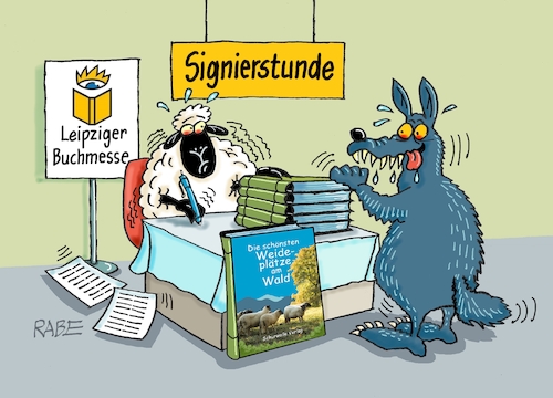 Cartoon: Buchmesse (medium) by RABE tagged buchmesse,frankfurt,leipzig,bücher,literatur,fachbücher,messestand,leser,rabe,ralf,böhme,cartoon,karikatur,pressezeichnung,farbcartoon,tagescartoon,spartipps,sparbuch,praxisbuch,signatur,signierstunde,weideflächen,weideplatz,schaf,schafe,rhönschaf,wolf,wölfe,buchpräsentation,wald,buchmesse,frankfurt,leipzig,bücher,literatur,fachbücher,messestand,leser,rabe,ralf,böhme,cartoon,karikatur,pressezeichnung,farbcartoon,tagescartoon,spartipps,sparbuch,praxisbuch,signatur,signierstunde,weideflächen,weideplatz,schaf,schafe,rhönschaf,wolf,wölfe,buchpräsentation,wald