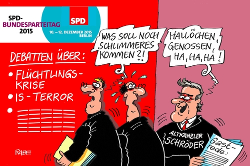 Cartoon: Bundesparteitag (medium) by RABE tagged bundesparteitag,spd,berlin,gabriel,basis,schröder,altkanzler,gastredner,agenda,hartz,vier,flüchtlinge,flüchtlingskrise,is,islamisten,rabe,ralf,böhme,cartoon,karikatur,pressezeichnung,farbcartoon,tagescartoon,debatten,kanzlerkandidatur,wiederwahl,bundesparteitag,spd,berlin,gabriel,basis,schröder,altkanzler,gastredner,agenda,hartz,vier,flüchtlinge,flüchtlingskrise,is,islamisten,rabe,ralf,böhme,cartoon,karikatur,pressezeichnung,farbcartoon,tagescartoon,debatten,kanzlerkandidatur,wiederwahl