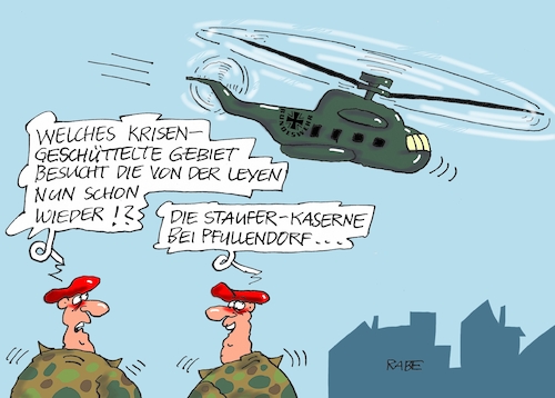 Cartoon: Bundeswehrskandal (medium) by RABE tagged stauferkaserne,pullendorf,bundeswehrskandal,aufnahmerituale,sexpraktiken,bundeswehr,bundesverteidigungsministerin,ursula,von,der,leyen,rabe,ralf,böhme,cartoon,karikatur,pressezeichnung,farbcartoon,tagescartoon,hubschrauber,krisengebiet,militäreinsatz,kaserne,mali,mängelliste,stauferkaserne,pullendorf,bundeswehrskandal,aufnahmerituale,sexpraktiken,bundeswehr,bundesverteidigungsministerin,ursula,von,der,leyen,rabe,ralf,böhme,cartoon,karikatur,pressezeichnung,farbcartoon,tagescartoon,hubschrauber,krisengebiet,militäreinsatz,kaserne,mali,mängelliste