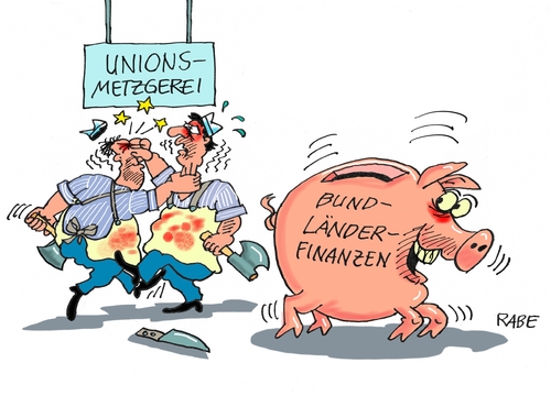 Cartoon: Bundländerfinanzen (medium) by RABE tagged bundländerfinanzen,bund,länder,finanzen,bundesländer,union,cdu,csu,kommunen,bundesfinanzminister,schäuble,flüchtlingskosten,rabe,ralf,böhme,cartoon,karikatur,pressezeichnung,farbcartoon,tagescartoon,sparschwein,sau,metzger,schlachter,fleischer,bundländerfinanzen,bund,länder,finanzen,bundesländer,union,cdu,csu,kommunen,bundesfinanzminister,schäuble,flüchtlingskosten,rabe,ralf,böhme,cartoon,karikatur,pressezeichnung,farbcartoon,tagescartoon,sparschwein,sau,metzger,schlachter,fleischer