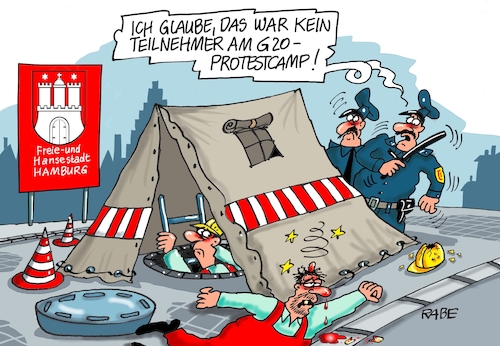 Cartoon: Camp nochmal (medium) by RABE tagged hamburg,sturmflut,zwanzig,gipfel,militante,linke,linksextremisten,rabe,ralf,böhme,cartoon,karikatur,pressezeichnung,farbcartoon,tagescartoon,welle,gewalt,innenminister,protest,protestcamp,gipfelgegner,schlagstock,bauzelt,kanalarbeiter,hamburg,sturmflut,zwanzig,gipfel,militante,linke,linksextremisten,rabe,ralf,böhme,cartoon,karikatur,pressezeichnung,farbcartoon,tagescartoon,welle,gewalt,innenminister,protest,protestcamp,gipfelgegner,schlagstock,bauzelt,kanalarbeiter