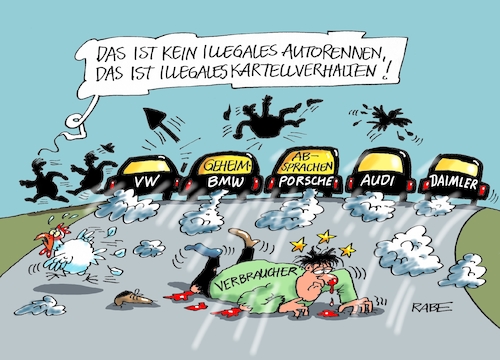 Cartoon: Car Tell (medium) by RABE tagged kartell,illegal,geheimabsprachen,autobauer,kartellverhalten,vw,audi,daimler,bmw,porsche,preisabsprachen,vorstanchefs,rabe,ralf,böhme,cartoon,karikatur,pressezeichnung,farbcartoon,tagescartoon,auto,pkw,verbraucher,dieselskandal,abgasaffäre,verkehrsminister,dobridndt,kraftfahrer,autofahrer,imageschaden,kartell,illegal,geheimabsprachen,autobauer,kartellverhalten,vw,audi,daimler,bmw,porsche,preisabsprachen,vorstanchefs,rabe,ralf,böhme,cartoon,karikatur,pressezeichnung,farbcartoon,tagescartoon,auto,pkw,verbraucher,dieselskandal,abgasaffäre,verkehrsminister,dobridndt,kraftfahrer,autofahrer,imageschaden