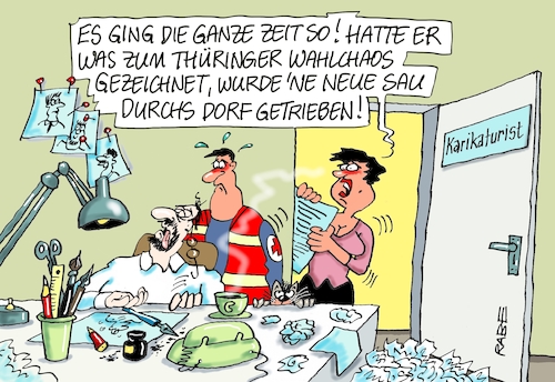 Cartoon: Cartoonistenschicksal (medium) by RABE tagged landtagswahlen,wahlergebnisse,sachsen,brandenburg,groko,spd,cdu,rabe,ralf,böhme,cartoon,karikatur,pressezeichnung,farbcartoon,tagescartoon,arzt,doktor,csu,afd,verluste,rechte,populismus,thüringen,erfurt,ramelow,mohring,kemmerich,fdp,höcke,akk,neuwahlen,rücktritt,vertrauensfrage,lindner,karikaturist,cartoonist,notarzt,eilmeldung,herzinfarkt,landtagswahlen,wahlergebnisse,sachsen,brandenburg,groko,spd,cdu,rabe,ralf,böhme,cartoon,karikatur,pressezeichnung,farbcartoon,tagescartoon,arzt,doktor,csu,afd,verluste,rechte,populismus,thüringen,erfurt,ramelow,mohring,kemmerich,fdp,höcke,akk,neuwahlen,rücktritt,vertrauensfrage,lindner,karikaturist,cartoonist,notarzt,eilmeldung,herzinfarkt