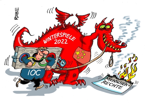 Cartoon: China Olympia (medium) by RABE tagged china,peking,winterspiele,ioc,drachen,rabe,ralf,böhme,cartoon,karikatur,pressezeichnung,farbcartoon,tagescartoon,auslosung,vergabe,menschenrecht,china,peking,winterspiele,ioc,drachen,rabe,ralf,böhme,cartoon,karikatur,pressezeichnung,farbcartoon,tagescartoon,auslosung,vergabe,menschenrecht