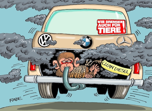 Cartoon: Clean Diesel III (medium) by RABE tagged diesel,vw,skandaal,dobrindt,autobauer,rabe,ralf,böhme,cartoon,karikatur,pressezeichnung,farbcartoon,tagescartoon,innenstadt,fahrverbot,dieselskandal,dieselgate,autobosse,autokonzerne,umweltschutz,umweltsünder,schadstoffe,tierversuche,versuchslabor,tierschutz,affen,primaten,versuchskaninchen,äffchen,bremse,diesel,vw,skandaal,dobrindt,autobauer,rabe,ralf,böhme,cartoon,karikatur,pressezeichnung,farbcartoon,tagescartoon,innenstadt,fahrverbot,dieselskandal,dieselgate,autobosse,autokonzerne,umweltschutz,umweltsünder,schadstoffe,tierversuche,versuchslabor,tierschutz,affen,primaten,versuchskaninchen,äffchen,bremse