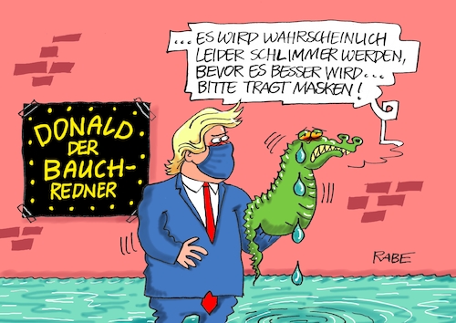 Cartoon: Comedian Trump (medium) by RABE tagged virus,corona,pandemie,coronakrise,rabe,ralf,böhme,cartoon,karikatur,pressezeichnung,farbcartoon,tagescartoon,viren,virenschutz,mundschutz,desinfektion,föderal,föderalismus,ländersache,usa,new,york,donald,trump,president,amerika,rede,wahlkampf,demokraten,bauchredner,handpuppe,krokodil,masken,krokodilstränen,coronatote,virus,corona,pandemie,coronakrise,rabe,ralf,böhme,cartoon,karikatur,pressezeichnung,farbcartoon,tagescartoon,viren,virenschutz,mundschutz,desinfektion,föderal,föderalismus,ländersache,usa,new,york,donald,trump,president,amerika,rede,wahlkampf,demokraten,bauchredner,handpuppe,krokodil,masken,krokodilstränen,coronatote