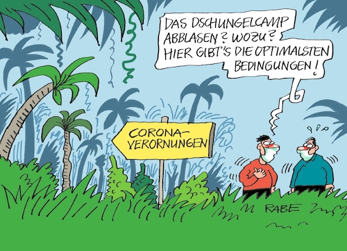 Cartoon: Corona Camp (medium) by RABE tagged corona,schnelltest,flughäfen,bahnhöfe,reiserückkehrer,testpflicht,markus,söder,bußgelder,ber,hauptstadtflughafen,eröffnung,fluggäste,viren,maskenpflicht,abstandsregeln,beherbergungsverbot,fallzahlen,rki,dschungel,coronaverordnungen,dschungelcamp,privatsender,rtl,absage,corona,schnelltest,flughäfen,bahnhöfe,reiserückkehrer,testpflicht,markus,söder,bußgelder,ber,hauptstadtflughafen,eröffnung,fluggäste,viren,maskenpflicht,abstandsregeln,beherbergungsverbot,fallzahlen,rki,dschungel,coronaverordnungen,dschungelcamp,privatsender,rtl,absage