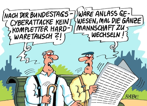 Cartoon: Cyberattacke Regierung (medium) by RABE tagged cyberattacke,cyberangriff,cybernetz,netz,internet,rechner,computer,bundestag,bundesregierung,angriff,hacker,rabe,ralf,böhme,cartoon,karikatur,pressezeichnung,farbcartoon,tagescartoon,rentner,parkbank,mannschaft,auswechslung,daten,datentauch,spionage,nsa,cyberattacke,cyberangriff,cybernetz,netz,internet,rechner,computer,bundestag,bundesregierung,angriff,hacker,rabe,ralf,böhme,cartoon,karikatur,pressezeichnung,farbcartoon,tagescartoon,rentner,parkbank,mannschaft,auswechslung,daten,datentauch,spionage,nsa