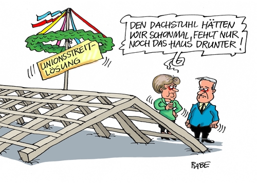 Cartoon: Dachstuhl (medium) by RABE tagged merkel,cdu,kanzlerin,seehofer,bayern,csu,koalitionsstreit,unionsstreit,flüchtlingskrise,obergrenze,rabe,ralf,böhme,cartoon,karikatur,pressezeichnung,farbcaroon,tagescartoon,dach,dachstuhl,richtfest,einzug,haus,bauherren,merkel,cdu,kanzlerin,seehofer,bayern,csu,koalitionsstreit,unionsstreit,flüchtlingskrise,obergrenze,rabe,ralf,böhme,cartoon,karikatur,pressezeichnung,farbcaroon,tagescartoon,dach,dachstuhl,richtfest,einzug,haus,bauherren