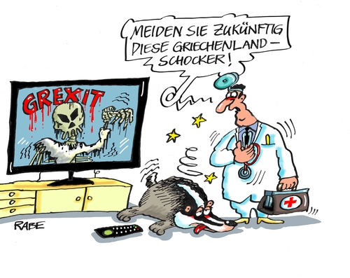 Cartoon: Dax Dachs (medium) by RABE tagged griechenland,athen,austritt,eurozone,linksbündnis,rabe,ralf,böhme,cartoon,karikatur,pressezeichnung,farbcartoon,tagescartoon,syriza,tsipras,ezb,brüssel,schuldenschnitt,grexit,dax,dachs,iwf,geldgeber,volksabstimmung,memorandum,arzt,schock,schocker,horror,horrorfilm,griechenland,athen,austritt,eurozone,linksbündnis,rabe,ralf,böhme,cartoon,karikatur,pressezeichnung,farbcartoon,tagescartoon,syriza,tsipras,ezb,brüssel,schuldenschnitt,grexit,dax,dachs,iwf,geldgeber,volksabstimmung,memorandum,arzt,schock,schocker,horror,horrorfilm