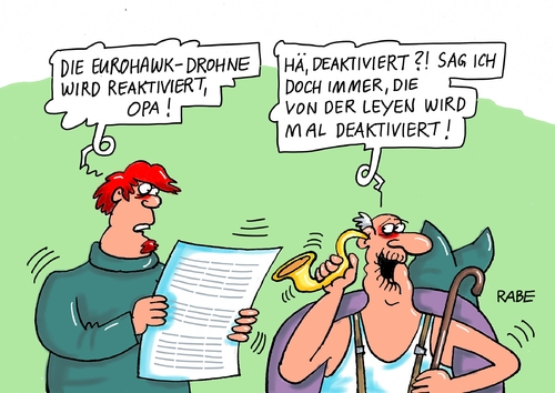 Cartoon: Deaktivierung (medium) by RABE tagged von,der,leyen,bundeswehr,uschi,bundesverteidigungsminister,eurohawk,drohne,aufklärungsdrohne,rabe,ralf,böhme,cartoon,karikatur,pressezeichnung,farbcartoon,tagescartoon,kampfdrohne,aktivierung,reaktivierung,deaktivierung,militärgeräte,von,der,leyen,bundeswehr,uschi,bundesverteidigungsminister,eurohawk,drohne,aufklärungsdrohne,rabe,ralf,böhme,cartoon,karikatur,pressezeichnung,farbcartoon,tagescartoon,kampfdrohne,aktivierung,reaktivierung,deaktivierung,militärgeräte