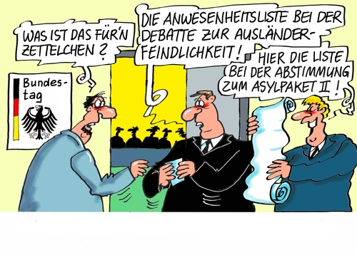 Cartoon: Debatte Asylpaket Anwesenheit (medium) by RABE tagged asyl,asylpaket,zwei,bundestag,bundestagsdebatte,abstimmung,ausländerfeundlichkeit,flüchtlinge,flüchtlingsdebatte,rabe,ralf,böhme,cartoon,karikaur,pressezeichnung,farbcartoon,tagescartoon,abgeordnete,liste,zettel,anwesenheit,abwesenheit,asyl,asylpaket,zwei,bundestag,bundestagsdebatte,abstimmung,ausländerfeundlichkeit,flüchtlinge,flüchtlingsdebatte,rabe,ralf,böhme,cartoon,karikaur,pressezeichnung,farbcartoon,tagescartoon,abgeordnete,liste,zettel,anwesenheit,abwesenheit