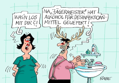 Cartoon: Desinfektionjäger (medium) by RABE tagged virus,corona,pandemie,coronakrise,rabe,ralf,böhme,cartoon,karikatur,pressezeichnung,farbcartoon,tagescartoon,viren,virenschutz,mundschutz,desinfektion,föderal,föderalismus,ländersache,desinfektionsmittel,händewaschen,alkohol,sprit,jäger,jägermeister,likör,kräuterlikör,geweih,hirsch,virus,corona,pandemie,coronakrise,rabe,ralf,böhme,cartoon,karikatur,pressezeichnung,farbcartoon,tagescartoon,viren,virenschutz,mundschutz,desinfektion,föderal,föderalismus,ländersache,desinfektionsmittel,händewaschen,alkohol,sprit,jäger,jägermeister,likör,kräuterlikör,geweih,hirsch