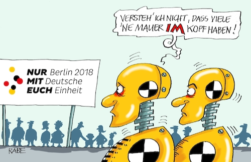 Cartoon: Deutsche Einheit (medium) by RABE tagged mauerfall,tag,der,deutschen,einheit,berlin,fest,festreden,köpfe,grenze,zone,ossis,wessis,dummys,chrashtest,chrashtestdummys,rabe,ralf,böhme,cartoon,karikatur,pressezeichnung,farbcartoon,tagescartoon,oktober,merkel,kanzlerin,bürger,bürgerbewegung,mauerfall,tag,der,deutschen,einheit,berlin,fest,festreden,köpfe,grenze,zone,ossis,wessis,dummys,chrashtest,chrashtestdummys,rabe,ralf,böhme,cartoon,karikatur,pressezeichnung,farbcartoon,tagescartoon,oktober,merkel,kanzlerin,bürger,bürgerbewegung