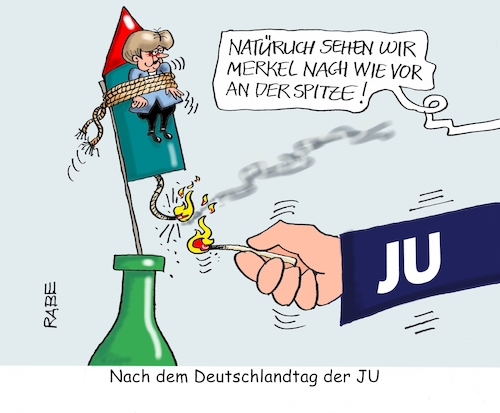 Cartoon: Deutschlandtag der JU III (medium) by RABE tagged junge,union,deutschlandtag,wahl,gruhner,kuban,bierzeltrede,merkel,abnabelung,rabe,ralf,böhme,cartoon,karikatur,pressezeichnung,farbcartoon,tagescartoon,kanzlerin,cdu,csu,akk,rakete,spitze,spitzenposition,junge,union,deutschlandtag,wahl,gruhner,kuban,bierzeltrede,merkel,abnabelung,rabe,ralf,böhme,cartoon,karikatur,pressezeichnung,farbcartoon,tagescartoon,kanzlerin,cdu,csu,akk,rakete,spitze,spitzenposition