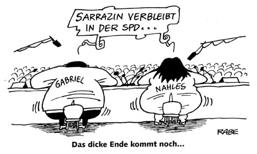 Cartoon: Dickes Ende (medium) by RABE tagged sarrazin,nahles,gabriel,spd,ende,parteiausschluß,parteiausschlußverfahren,pressekonferenz,erklärung,erklärungsnot,ausländerdebatte,fremdenfeindlichkeit,türken,migranten,kopftuch,deutschland,einwanderer,ausländerbehörde,einbürgerungstest,euro,krise,parteiaustritt,dicke,fette,übergewicht,mann,frau,diät,sarrazin,spd,gabriel,nahles,parteiausschluß,parteiausschlußverfahren,meinungsvielfalt,euro,krise,bundesbankvorstand,diskriminierung,mißverständnis,generalsekretärin,ausländerfeindlichkeit