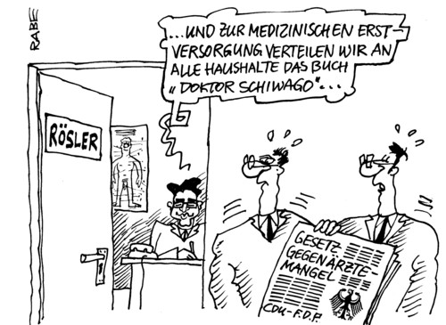 Cartoon: Doktor Schiwago (medium) by RABE tagged gesundheitsminister,rösler,fdp,koalition,cdu,kanzlerin,merkel,bundesregierung,kopfpauschale,gesetz,ärztemangel,arzt,arztpraxis,patient,patientenpauschale,praxisgebühr,gesundheitsstandart,erstversorgung,euro,krise,medizin,haushalt,doktor,schiwago,schreibtisch,büro,gesundheitsreform,eckpunkte,schlußrunde,union,zuschlacg,lockmittel,arbeitbedingungen,land,nachwuchsmangel,wartezimmer,krankenkasse,hilfe,gesundheitminister,gesundheitsreform,rösler,fdp,koalition,cdu,kanzlerin,merkel,gesetzbeschluß,ärztemangel,arztpraxis