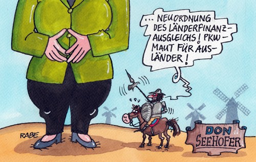 Cartoon: Don Seehofer (medium) by RABE tagged seehofer,csu,bayern,landtagswahl,bundestagswahl,münchen,don,quichotte,windmühlen,windmühlenflügel,merkel,kanzlerin,straßen,maut,ausländer,pkw,rabe,ralf,böhme,cartoon,karikatur,pressezeichnung,farbcartoon,neuordnung,länderfinanzausgleich,solizuschlag,euro,bundesländer,geberländer,nehmerländer,sachsen,thüringen,verkehrsminister,seehofer,csu,bayern,landtagswahl,bundestagswahl,münchen,don,quichotte,windmühlen,windmühlenflügel,merkel,kanzlerin,straßen,maut,ausländer,pkw,rabe,ralf,böhme,cartoon,karikatur,pressezeichnung,farbcartoon,neuordnung,länderfinanzausgleich,solizuschlag,euro,bundesländer,geberländer,nehmerländer,sachsen,thüringen,verkehrsminister