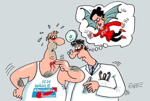 Cartoon: Draculain (medium) by RABE tagged wagenknecht,sahra,linke,parteiengründung,verein,bsw,bündnis,abspaltung,rabe,ralf,böhme,cartoon,karikatur,pressezeichnung,farbcartoon,tagescartoon,afd,rechte,wähler,abwerbung,stimmenverlust,graf,dracula,halloween,blutsaugerin,arzt,patient,bisswunde,biss,blut,wagenknecht,sahra,linke,parteiengründung,verein,bsw,bündnis,abspaltung,rabe,ralf,böhme,cartoon,karikatur,pressezeichnung,farbcartoon,tagescartoon,afd,rechte,wähler,abwerbung,stimmenverlust,graf,dracula,halloween,blutsaugerin,arzt,patient,bisswunde,biss,blut