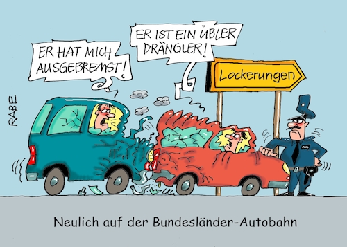 Cartoon: Drängler und Schubbser (medium) by RABE tagged virus,corona,pandemie,coronakrise,rabe,ralf,böhme,cartoon,karikatur,pressezeichnung,farbcartoon,tagescartoon,viren,virenschutz,mundschutz,desinfektion,föderal,föderalismus,ländersache,rki,virologen,lockerungen,söder,laschet,orgie,forsch,länderautobahn,drängler,schubbser,bremser,ausbremser,virus,corona,pandemie,coronakrise,rabe,ralf,böhme,cartoon,karikatur,pressezeichnung,farbcartoon,tagescartoon,viren,virenschutz,mundschutz,desinfektion,föderal,föderalismus,ländersache,rki,virologen,lockerungen,söder,laschet,orgie,forsch,länderautobahn,drängler,schubbser,bremser,ausbremser