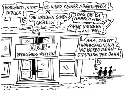 Cartoon: Dreikönigstreffen (medium) by RABE tagged fdp,dreikönigstreffen,westerwelle,rede,parteitag,führungskrise,euro,parteidebatte,stuttgart,werbeveranstaltung,imagepflege,deutsche,bahn,verspätung,weichen,schienen,abkoppeln,gleise,eis,winter,schneechaos,verspätungen,wagon,ice,fdp,dreikönigstreffen,guido westerwelle,partei,vorsitz,chef,kritik,rede,befreiungsschlag,umfrage,guido,westerwelle