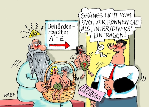 Cartoon: Drittes Geschlecht (medium) by RABE tagged drittes,geschlecht,anerkennung,bvg,karlsruhe,bundesverfassungsrichter,festlegung,urteil,behörden,behördenregister,mann,frau,zwitter,geschlechtseintrag,inter,divers,geburtenregister,rabe,ralf,böhme,cartoon,karikatur,pressezeichnung,farbcartoon,tagescartoon,gott,genesis,schöpfung,adam,eva,paradies,drittes,geschlecht,anerkennung,bvg,karlsruhe,bundesverfassungsrichter,festlegung,urteil,behörden,behördenregister,mann,frau,zwitter,geschlechtseintrag,inter,divers,geburtenregister,rabe,ralf,böhme,cartoon,karikatur,pressezeichnung,farbcartoon,tagescartoon,gott,genesis,schöpfung,adam,eva,paradies