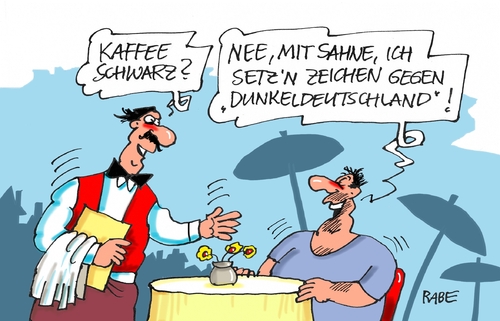 Cartoon: Dunkeldeutschland (medium) by RABE tagged dunkel,dunkeldeutschland,gauck,besuch,asylantenheim,flüchtlinge,flüchtlingsheim,willkommenskultur,ausländerhass,rechte,linke,neonazis,brandanschläge,rabe,ralf,böhme,cartoon,karikatur,pressezeichnung,farbcartoon,tagescartoon,kellner,ober,kaffee,cafe,schwarz,weiß,kaffeesahne,dunkel,dunkeldeutschland,gauck,besuch,asylantenheim,flüchtlinge,flüchtlingsheim,willkommenskultur,ausländerhass,rechte,linke,neonazis,brandanschläge,rabe,ralf,böhme,cartoon,karikatur,pressezeichnung,farbcartoon,tagescartoon,kellner,ober,kaffee,cafe,schwarz,weiß,kaffeesahne