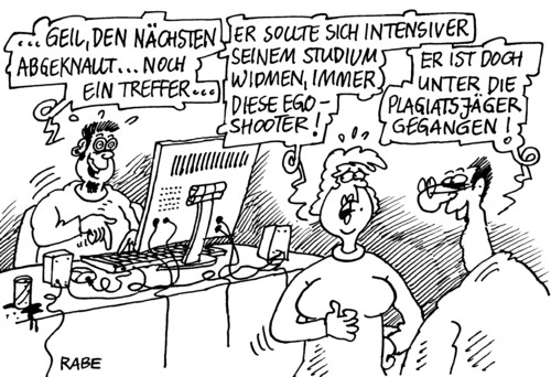 Cartoon: Ego-Shooter (medium) by RABE tagged plagiatsjäger,plagiat,plagiatsaffäre,guttenberg,csu,doktorarbeit,abschreiben,abkupfern,professor,universität,koch,mehrin,fdp,kontrolle,hochschule,examen,mentor,abschrift,euro,krise,plagiatsvorwurf,gutachten,student,eltern,vater,mutter,treffer,mann,frau,ehepaar,familie,computer,rechner,bildschirm,maus,pc,spiel,videospiel,jagd,abknallen,schießen,studium,rollenspiel,plagiat,plagiatsaffäre,plagiatsvorwurf,plagiatsjäger,guttenberg,eu,parlament,euro