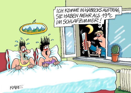 Cartoon: Einheizer Habeck (medium) by RABE tagged gas,gassparen,gasnotstand,gasgeben,sanktionen,gasspeicher,gasheizung,rabe,ralf,böhme,cartoon,karikatur,pressezeichnung,farbcartoon,tagescartoon,robert,habeck,putin,ukrainekrieg,schlafzimmer,raumtemperatur,neunzehn,grad,kontrolle,ehebett,ehepaar,nacht,leiter,schlafzimmerfenster,gas,gassparen,gasnotstand,gasgeben,sanktionen,gasspeicher,gasheizung,rabe,ralf,böhme,cartoon,karikatur,pressezeichnung,farbcartoon,tagescartoon,robert,habeck,putin,ukrainekrieg,schlafzimmer,raumtemperatur,neunzehn,grad,kontrolle,ehebett,ehepaar,nacht,leiter,schlafzimmerfenster