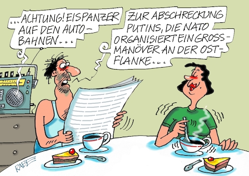 Cartoon: Eisflanke (medium) by RABE tagged winter,eis,schnee,glätte,schneefront,schneefall,schneeflocken,schneemänner,rabe,ralf,böhme,cartoon,karikatur,pressezeichnung,farbcartoon,tagescartoon,transparent,möhrennase,kohle,schneekolonne,autobahnen,eispanzer,waffen,panzer,nato,großmanöver,ostflanke,waffenlieferung,abschreckung,russland,putin,radio,nachrichten,ehepaar,frühstückstisch,winter,eis,schnee,glätte,schneefront,schneefall,schneeflocken,schneemänner,rabe,ralf,böhme,cartoon,karikatur,pressezeichnung,farbcartoon,tagescartoon,transparent,möhrennase,kohle,schneekolonne,autobahnen,eispanzer,waffen,panzer,nato,großmanöver,ostflanke,waffenlieferung,abschreckung,russland,putin,radio,nachrichten,ehepaar,frühstückstisch