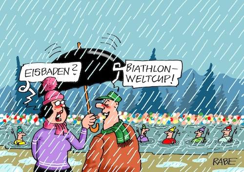 Cartoon: Eisgebadet (medium) by RABE tagged biathlon,biathloncup,biathlonweltcup,wasser,regen,hochwasser,starkregennarikatur,pressezeichnung,farbcartoon,tagescartoon,schneemangel,loipe,dauerregen,schneeschmelze,sport,wintersport,rabe,ralf,böhme,cartoo,biathlon,biathloncup,biathlonweltcup,wasser,regen,hochwasser,starkregennarikatur,pressezeichnung,farbcartoon,tagescartoon,schneemangel,loipe,dauerregen,schneeschmelze,sport,wintersport,rabe,ralf,böhme,cartoo