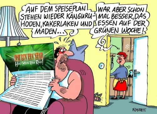 Cartoon: Ekelhaftes (medium) by RABE tagged ekel,tv,dschungel,dschungelcamp,rtl,känguruhoden,kakerlaken,maden,australien,zietlow,rabe,ralf,böhme,cartoon,karikatur,pressezeichnung,farbcartoon,tagescartoon,berlin,grüne,woche,landwirtschaftsminister,stände,ekel,tv,dschungel,dschungelcamp,rtl,känguruhoden,kakerlaken,maden,australien,zietlow,rabe,ralf,böhme,cartoon,karikatur,pressezeichnung,farbcartoon,tagescartoon,berlin,grüne,woche,landwirtschaftsminister,stände