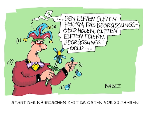 Cartoon: Elfter Elfter nochmal (medium) by RABE tagged tag,einheit,wiedervereinigung,grenze,mauerfall,feiertag,ost,west,ossi,wessi,brücke,brett,rabe,ralf,böhme,cartoon,karikatur,pressezeichnung,farbcartoon,tagescartoon,zonengrenze,bürgerbewegung,demos,grenzdurchbruch,mauerdurchbruch,jahrestagsfeier,karnevall,elfter,karnevalist,blume,währungsunion,begrüßungsgeld,tag,einheit,wiedervereinigung,grenze,mauerfall,feiertag,ost,west,ossi,wessi,brücke,brett,rabe,ralf,böhme,cartoon,karikatur,pressezeichnung,farbcartoon,tagescartoon,zonengrenze,bürgerbewegung,demos,grenzdurchbruch,mauerdurchbruch,jahrestagsfeier,karnevall,elfter,karnevalist,blume,währungsunion,begrüßungsgeld