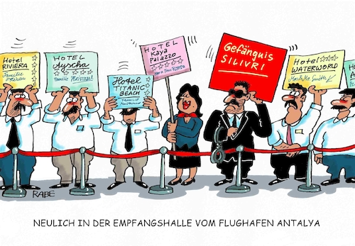 Cartoon: Empfangshalle (medium) by RABE tagged deutschland,wahl,präsidialamt,türkei,erdogan,sultan,ankara,rabe,ralf,böhme,cartoon,karikatur,pressezeichnung,farbcartoon,tagescartoon,empfangshalle,antalya,flughafen,festnahme,touristen,regime,regimgeger,diktatur,urlaubsort,badestrand,türkeireisen,deutschland,wahl,präsidialamt,türkei,erdogan,sultan,ankara,rabe,ralf,böhme,cartoon,karikatur,pressezeichnung,farbcartoon,tagescartoon,empfangshalle,antalya,flughafen,festnahme,touristen,regime,regimgeger,diktatur,urlaubsort,badestrand,türkeireisen