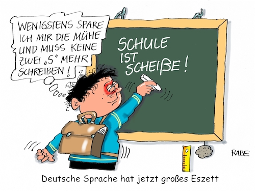 Cartoon: Eszett (medium) by RABE tagged schulen,lehrer,schüler,lehrerzimmer,klassenzimmer,bildung,bildungsministerium,rabe,ralf,böhme,cartoon,karikatur,pressezeichnung,farbcartoon,tagescartoon,deutsch,rechtschreibung,groß,klein,zusammen,duden,eszett,doppeles,schultafel,scheiße,scheisse,schulen,lehrer,schüler,lehrerzimmer,klassenzimmer,bildung,bildungsministerium,rabe,ralf,böhme,cartoon,karikatur,pressezeichnung,farbcartoon,tagescartoon,deutsch,rechtschreibung,groß,klein,zusammen,duden,eszett,doppeles,schultafel,scheiße,scheisse