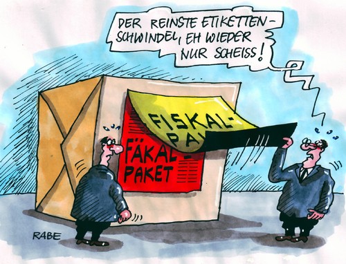 Cartoon: Etikettenschwindel (medium) by RABE tagged etikett,etikettenschwindel,betrug,paket,eu,euro,eurokrise,brüssel,rettungsfond,staatschefs,merkel,sarkozy,frankreich,deutschland,finanzchefs,finanzminister,schäuble,rettungsschirm,schuldenkrise,rettungspaket,fiskalien,fiskalunion,fiskalpaket,fäkalien,klärgrube,klärschlamm,scheisse,schwindel,gipfelbeschlüsse,fiskalpakt,haushaltssünder,kredit,sicherheit,banken,schuldenschnitt,griechenland,schuldenerlass,sanktionen,sparkommissar,etikett,etikettenschwindel,betrug,paket,eu,euro,brüssel,rettungsfond