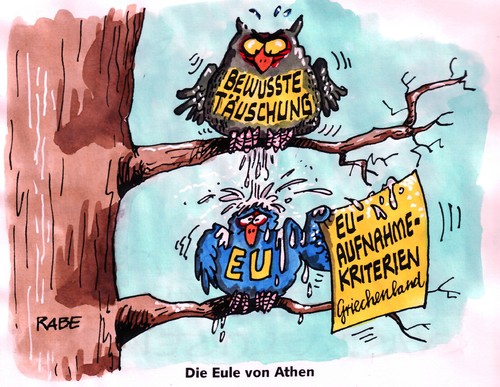 Cartoon: Eulen von Athen (medium) by RABE tagged eu,brüssel,euro,krise,kommission,beschluß,rettungspaket,hilfspaket,rettungsschirm,sparpaket,steuerzahler,kürzungen,griechenland,athen,spanien,portugal,irland,bürgschaft,rückzahlung,zinsen,pleite,streik,pleitegeier,aufnahmekriterien,täuschung,betrug,lügen,eule,greifvogel,nachtvogel,federkleid,vogeldreck,vogelscheiße,bescheißen,baum,ast,bundesregierung,kanzlerin,merkel,cdu,finanzminister,schäuble,union,liberale,fdp,wirtschaftsminister,banken,kredit,börse,spekulanten,täuschungsmanöver,eu,brüssel,euro,krise,kommission,beschluß,rettungspaket,hilfspaket,rettungsschirm,sparpaket,steuerzahler,griechenland,spanien,athen,portugal,aufnahmekriterien,pleitegeier,pleite,rückzahlung,bürgschaft,streik,täuschung,betrug