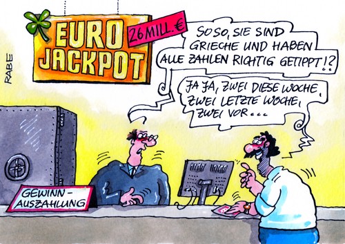 Cartoon: Eurojackpot (medium) by RABE tagged eurojackpot,euro,eurokrise,griechenland,athen,rettungsschirm,schuldenschnitt,fiskalpakt,eurozone,austritt,grieche,schuldenerlass,brüssel,finanzchefs,jackpott,lotto,tippen,gewinn,gewinnauszahlung,zahlen,tippschein,lottoannahmestelle,richtige,zahlenlotto,lottoschein,ausschüttung,hauptgewinn,lottospieler,eurostaaten,euroländer,topf,westlotto,hauptgewinner