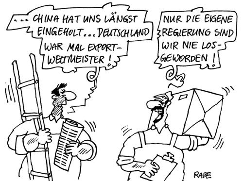 Cartoon: Exportweltmeister (medium) by RABE tagged china,export,exportweltmeister,peking,deutschland,berlin,wirtschaftsminister,rösler,fdp,außenhandel,bundesregierung,aufschwung,kanzlerin,euro,krise,konjunktur,cdu,handel,gewerbe,weltmeister,regierung,export,exportweltmeister,china,peking,deutschland,berlin,wirtschaftsminister,rösler,fdp,außenhandel