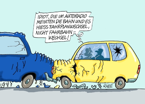 Cartoon: Fahrplanwechsel (medium) by RABE tagged db,bahn,gewerkschaft,gdl,gewerkschaftsboss,weselsky,rabe,ralf,böhme,cartoon,karikatur,pressezeichnung,farbcartoon,tagescartoon,streik,rente,rentner,verabschiedung,fahrplan,fahrplanwechsel,winterfahrplan,preiserhöhung,bahncard,auto,pkw,unfall,crash,zusammenstoss,fahrbahn,straße,fahrbahnwechsel,db,bahn,gewerkschaft,gdl,gewerkschaftsboss,weselsky,rabe,ralf,böhme,cartoon,karikatur,pressezeichnung,farbcartoon,tagescartoon,streik,rente,rentner,verabschiedung,fahrplan,fahrplanwechsel,winterfahrplan,preiserhöhung,bahncard,auto,pkw,unfall,crash,zusammenstoss,fahrbahn,straße,fahrbahnwechsel